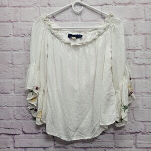 Blue Rain Embroidered Floral Peasant Blouse Sz M Cottage Boho Hippie Bell Sleeve